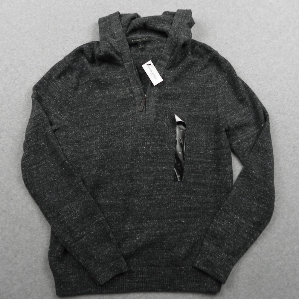Banana Republic Sweater Mens Medium 1/4 Zip Hooded Pullover Gray Long Sleeve NWT